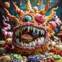 A fantastical creature engulfs junk food items, each bite more enthusiastic than the last ,close up