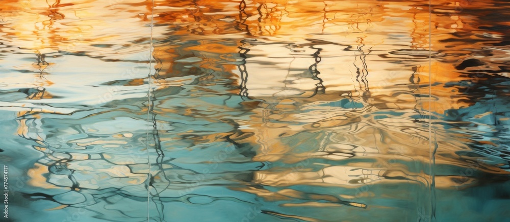 Poster A detailed close-up of the reflection of a boat in the calm waters, showcasing the serene beauty of the scene