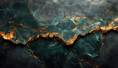 A dark teal and black marble background with golden veins, creating an elegant contrast between the cool tones of blue green and warm hues of gold. Created with Ai - obrazy, fototapety, plakaty