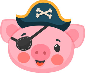 Cartoon pig animal pirate or corsair captain and skipper, vector funny character. Caribbean pirate pig or piglet animal boatswain happy face in corsair tricorne hat with crossbones and eyepatch