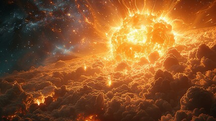 A view of a supernova explosion with its bright light and shockwave visible. Supernova destroying planet, illustration.