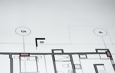 Detail of symbols on architectural plan with furniture axes and walls in plan view