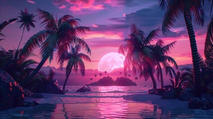 A summerinspired 3D scene with neon palms under a vibrant sunset