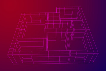 Architecture building. Modern house plan. Wireframe low poly mesh vector illustration.