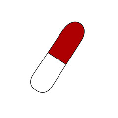 A pill is shown in red and white