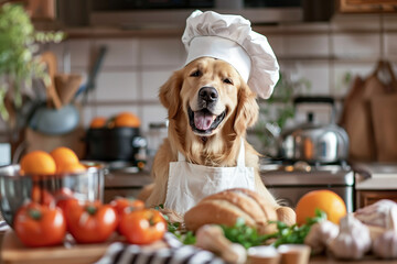 A Golden Retriever wearing a chef’s costume in the kitchen, eagerly ready to cook. Funny moment, ingredient for cooking, pet concept. Generative AI. - obrazy, fototapety, plakaty