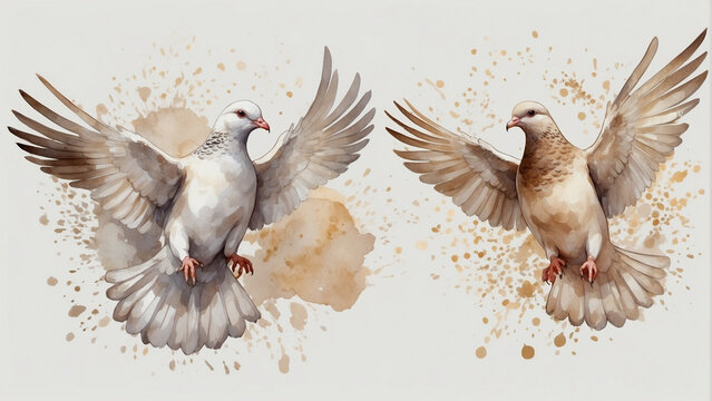 Elegant beige and white doves with wings opne, flying pigeons watercolor illustration