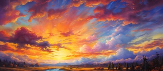 Vibrant painting depicting a stunning sunset casting warm hues over a winding river, with fluffy clouds in the sky - obrazy, fototapety, plakaty