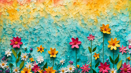 Fototapeta na wymiar Colorful textured background with vibrant paint and 3D flowers