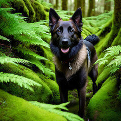 A cute Belgian Shepherd exploring a secluded, mossy glen filled with delicate ferns and moss-covered stones - obrazy, fototapety, plakaty