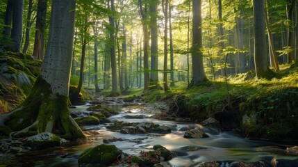 Obraz premium The beauty of nature with a tranquil forest scene, featuring towering trees and meandering streams