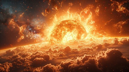 A view of a supernova explosion with its bright light and shockwave visible. Supernova destroying planet, illustration.