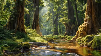 Fotobehang The beauty of nature with a tranquil forest scene, featuring towering trees and meandering streams © Thipphaphone