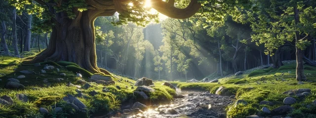 Poster The beauty of nature with a tranquil forest scene, featuring towering trees and meandering streams © Thipphaphone