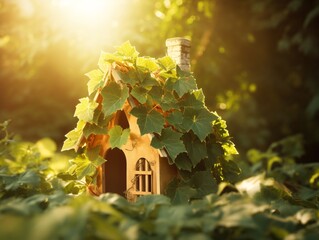 a small house covered in leaves