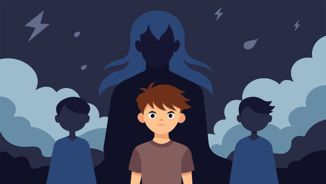 A child standing in front of a dark and stormy background with their parents faces looming over them representing the negative emotional impact
