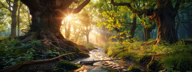 The beauty of nature with a tranquil forest scene, featuring towering trees and meandering streams