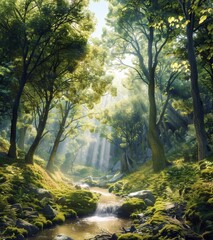 Fototapeta na wymiar The beauty of nature with a tranquil forest scene, featuring towering trees and meandering streams
