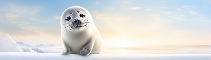 Baby seal on ice, big, glossy eyes, arctic sunlight casting a gentle glow, pure and endearing pastel,3d render, novel, Tell a story - obrazy, fototapety, plakaty