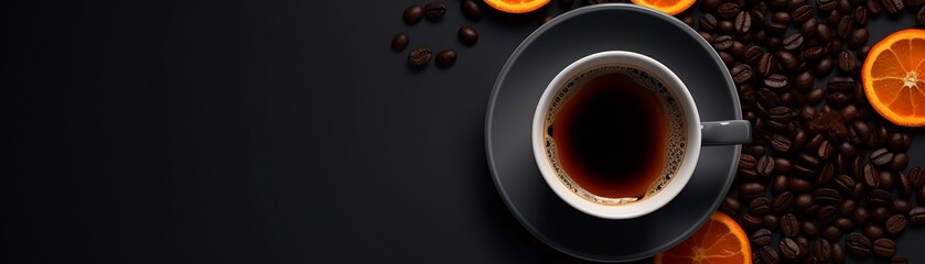 Black coffee with a side of orange zest, minimalist design, sharp contrast, clear day, detailed...