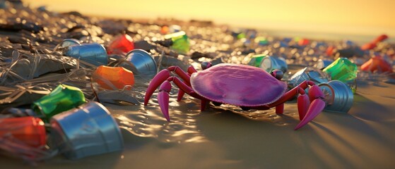 Crabs navigating bottle caps and straws, marine life adapting to garbage, vibrant beach scene, morning light