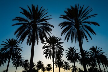 Fototapeta na wymiar Img Palm trees sunset golden blue sky, tranquil tropical scenery