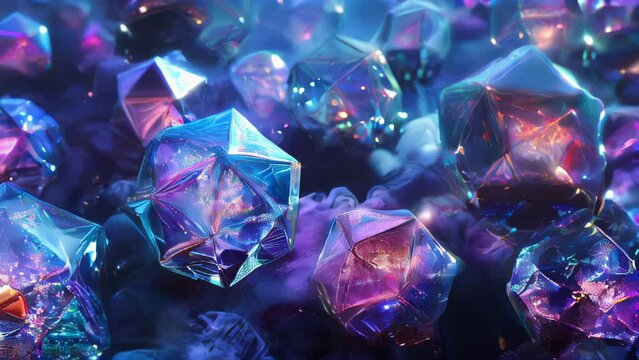 Neon-colored crystals of various shapes floating against a blue and purple gradient background. The crystals glow in vibrant shades of pink, blue, green, and more, radiating a jewel-like beauty. 