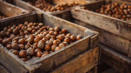 Harvest of hazelnuts in wooden crates - Powered by Adobe