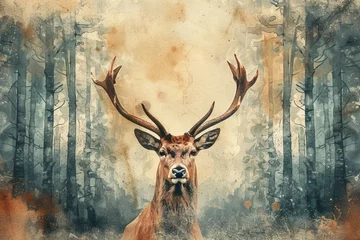  Watercolor illustration of a handsome male deer looking ahead, in the jungle © Syukra