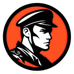 A logo of a soldier seen from the side with an orange background - obrazy, fototapety, plakaty