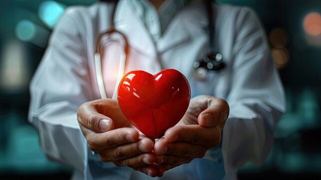 A doctor's hand holding a red heart shape in a hospital. love, donor, world heart day, health, insurance concept - Powered by Adobe