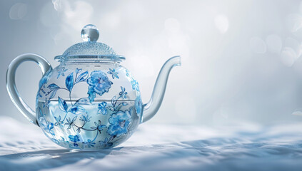 A transparent glass teapot with blue floral patterns, in the watercolor illustration style, on a white background - obrazy, fototapety, plakaty
