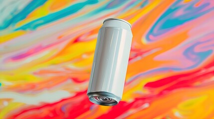 Color Rush: A pristine soda can soars across a whirlwind of vibrant abstract strokes.