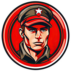 A logo of a soldier with a star on the hat, strong facial expression - obrazy, fototapety, plakaty