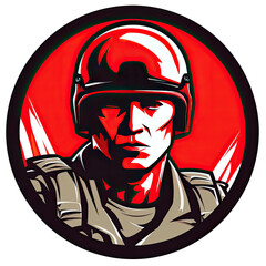 A logo of a soldier wearing a red helmet