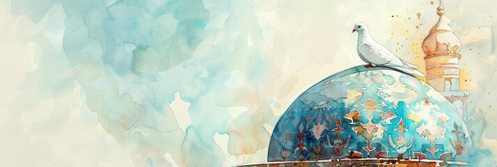 Watercolor illustration A white dove perched on the roof on the dome of the mosque.