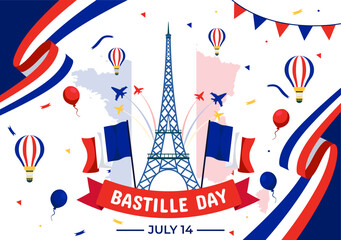 Happy Bastille Day Vector Illustration on 14 july with French Flag, Ribbon and Eiffel Tower in National Holiday Flat Cartoon Background