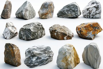 Various types of stones, rocks, and stone varieties isolated on a white background.
