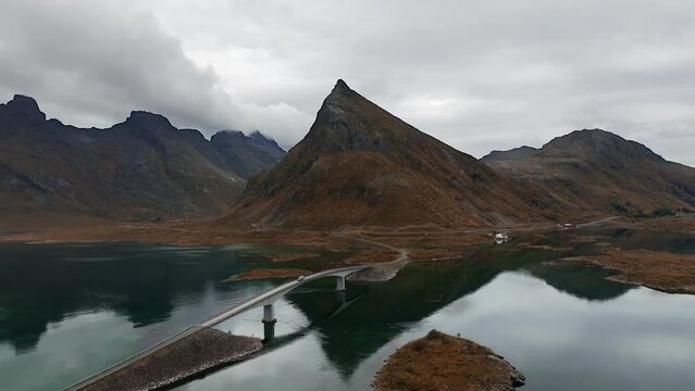 Aerial view of Segla mountain above the sky, Norway during summer