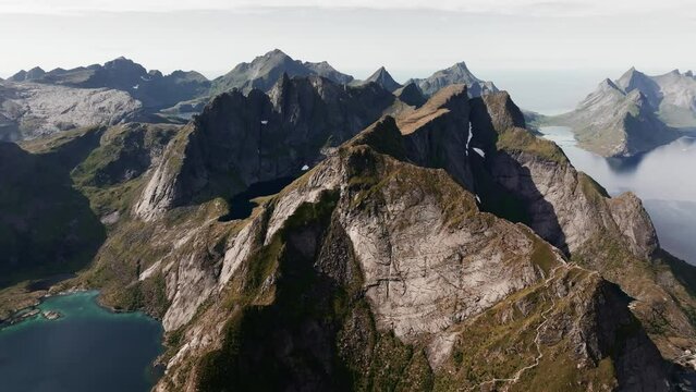 Aerial view of Segla mountain above the sky, Norway during summer