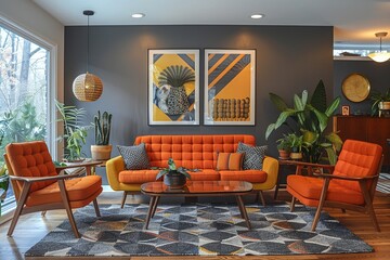 Mid-century modern living room with iconic furniture and geometric patternshigh detailed