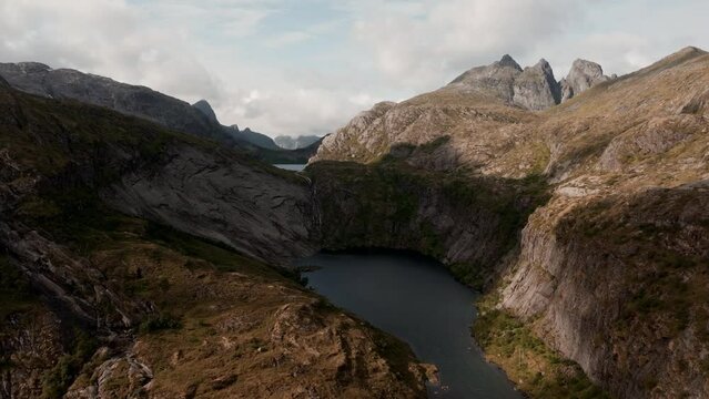Aerial view of Segla mountain above the sky, Norway during summer
