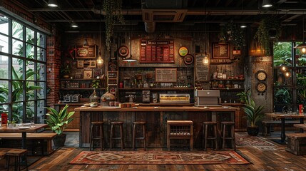 Farm-to-table restaurant interior with rustic decor and open kitchensuper detailed - obrazy, fototapety, plakaty
