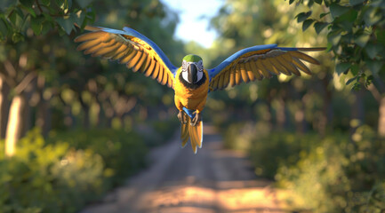 a blue and yellow macaw flying in the air, the background is a forest road