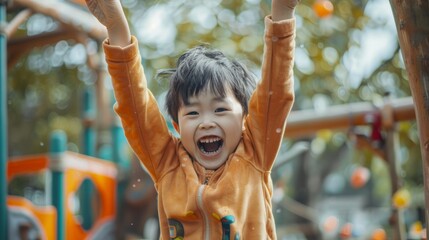 Fototapeta premium The spirit of childhood with a playful kid playing in a playground enjoying outdoor activity