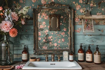 Elegant powder room with floral wallpaper and antique mirror8K