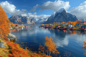Autumn in the mountains with beautiful lake view. Created with Ai - obrazy, fototapety, plakaty