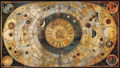Zodiac horoscope circle. Astrology in the sky with many stars and moons astrology and horoscopes concept