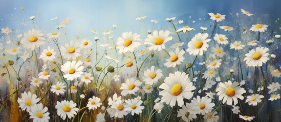 Vibrant painting capturing a scenic field filled with blooming daisies against a clear blue sky backdrop