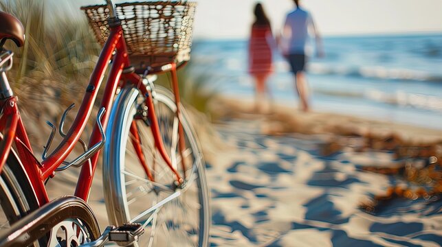 Seaside Escape: A red bicycle waits as a couple strolls on the sunny beach.